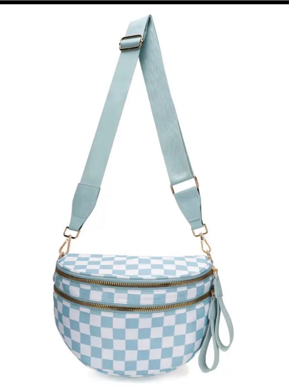 Light Blue Checkered Crossbody Bag with Adjustable Strap